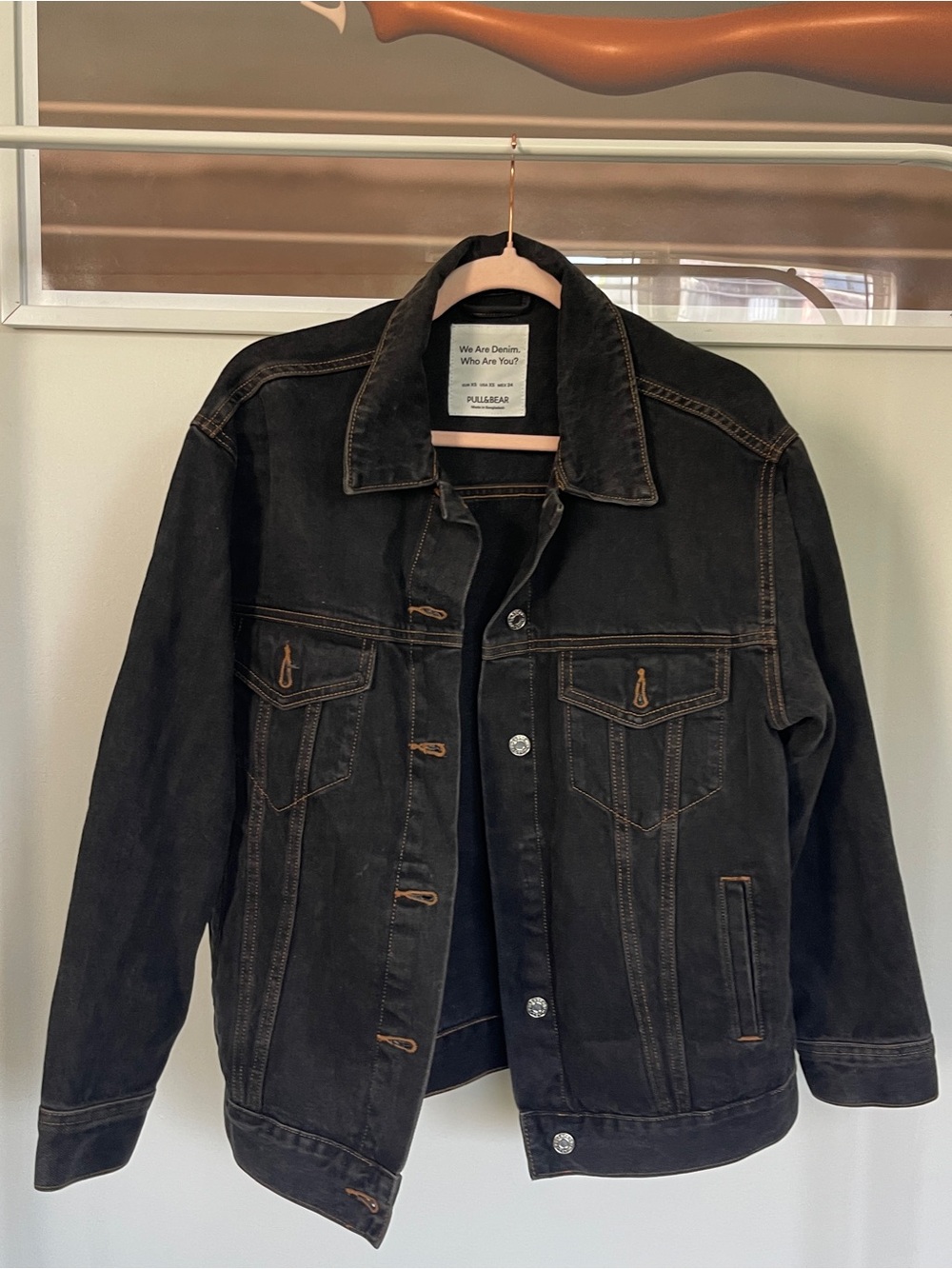 Pull&Bear Black Denim Jacket with Brown Stitching